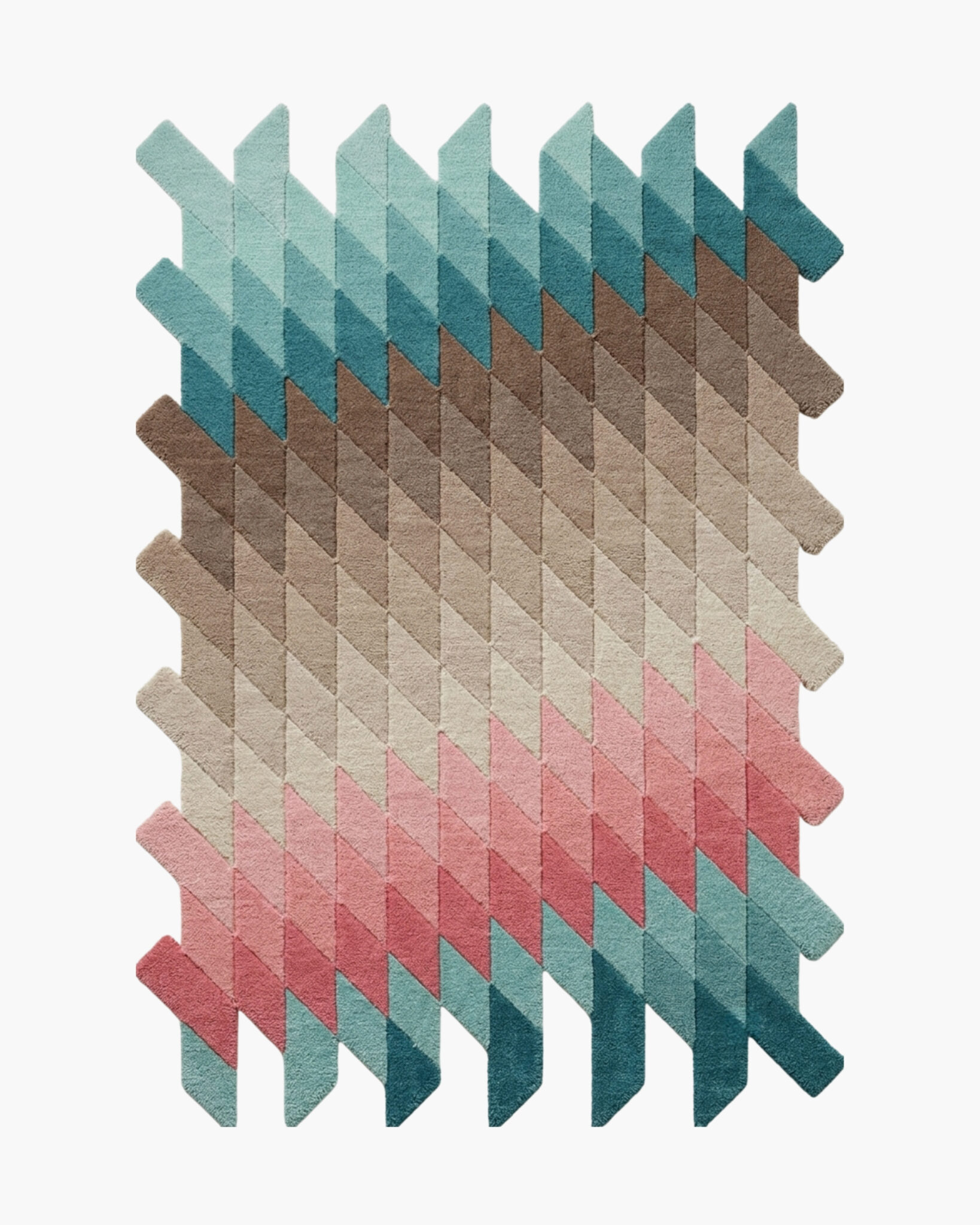 Parquet Drift herringbone gradient wool rug with angled tiles drifting from teal through sand to coral