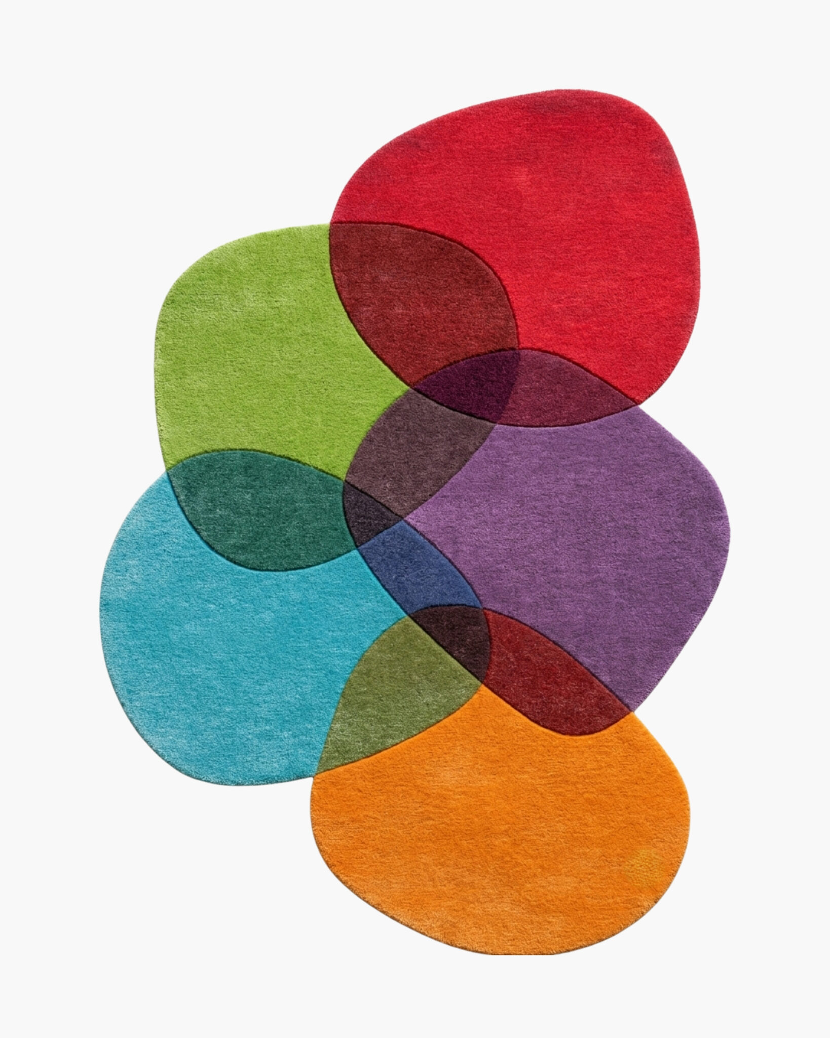 Prism Pebbles overlapping circles wool rug with five jewel-bright pebbles that blend where they cross