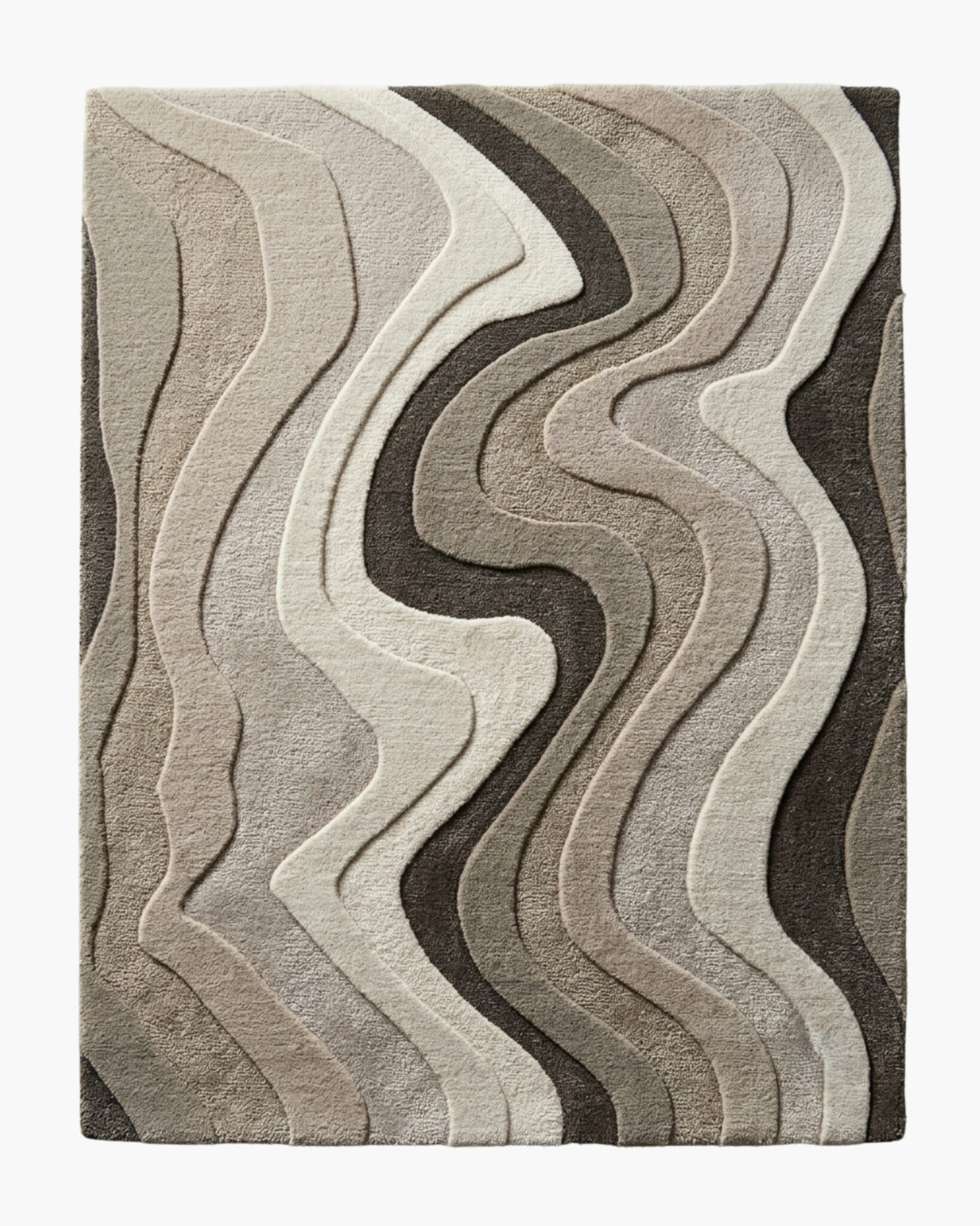 Dune Tide neutral wave wool rug with flowing ivory, taupe and charcoal ribbons in deep carved relief