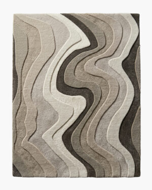 Dune Tide neutral wave wool rug with flowing ivory, taupe and charcoal ribbons in deep carved relief