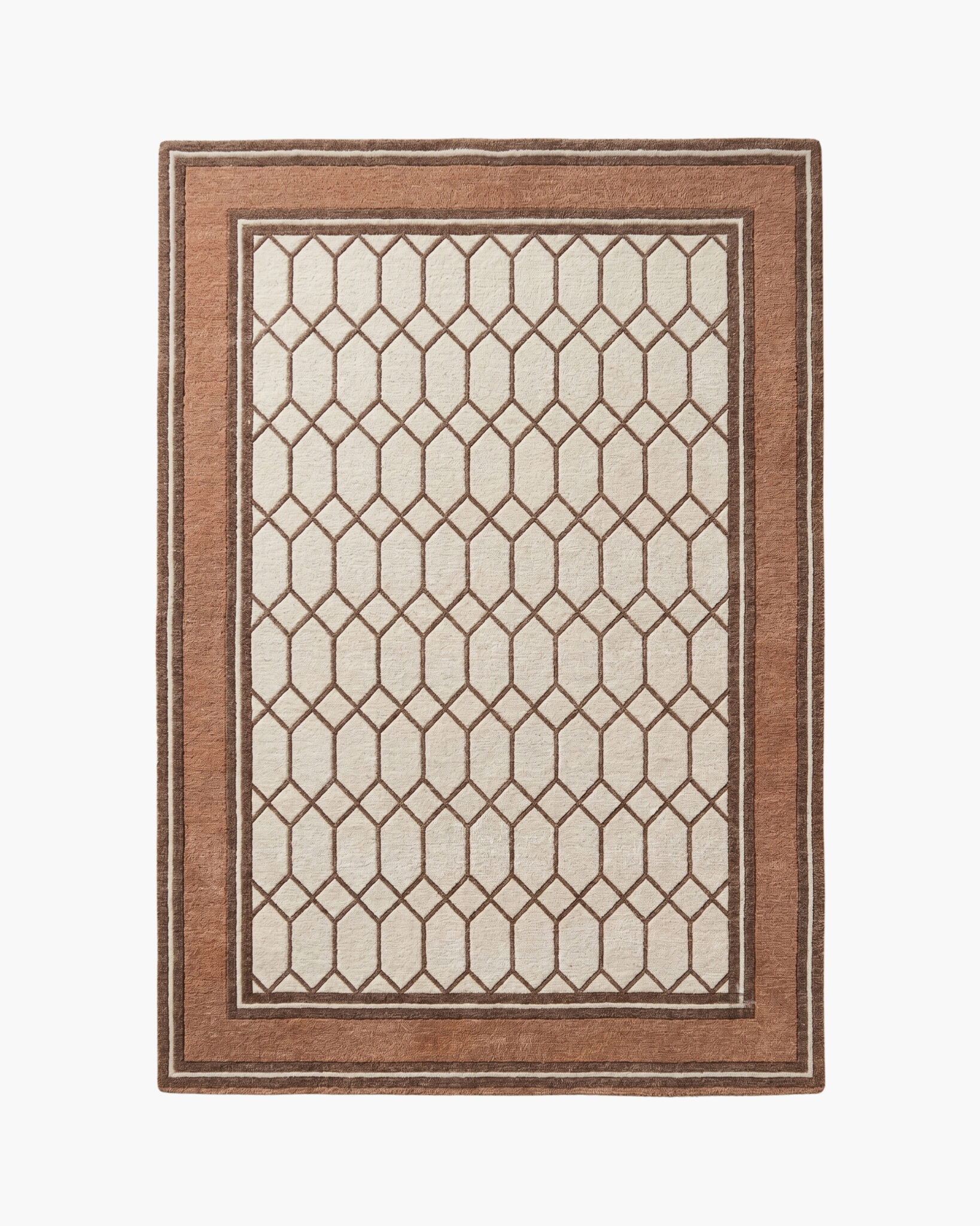 Clay Trellis trellis pattern wool rug with an ivory lattice field framed by a warm terracotta border