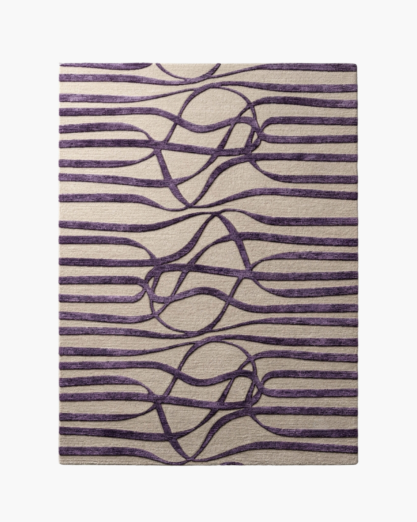 Amethyst Current purple abstract line wool rug with aubergine ripples looping around woven knots on a greige ground