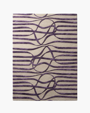 Amethyst Current purple abstract line wool rug with aubergine ripples looping around woven knots on a greige ground