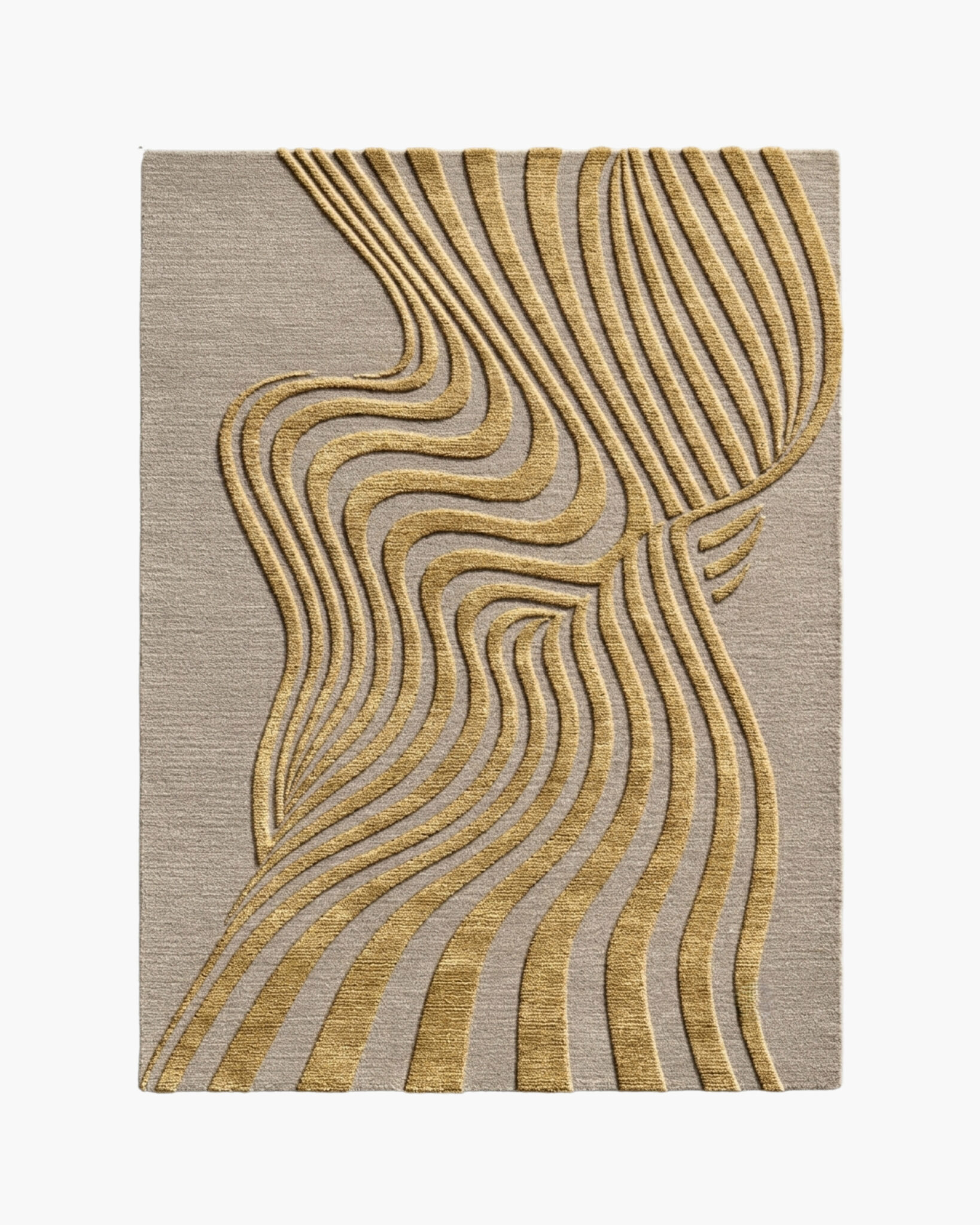 Gilded Flow gold wave wool rug with sinuous gold lines sweeping across a greige ground