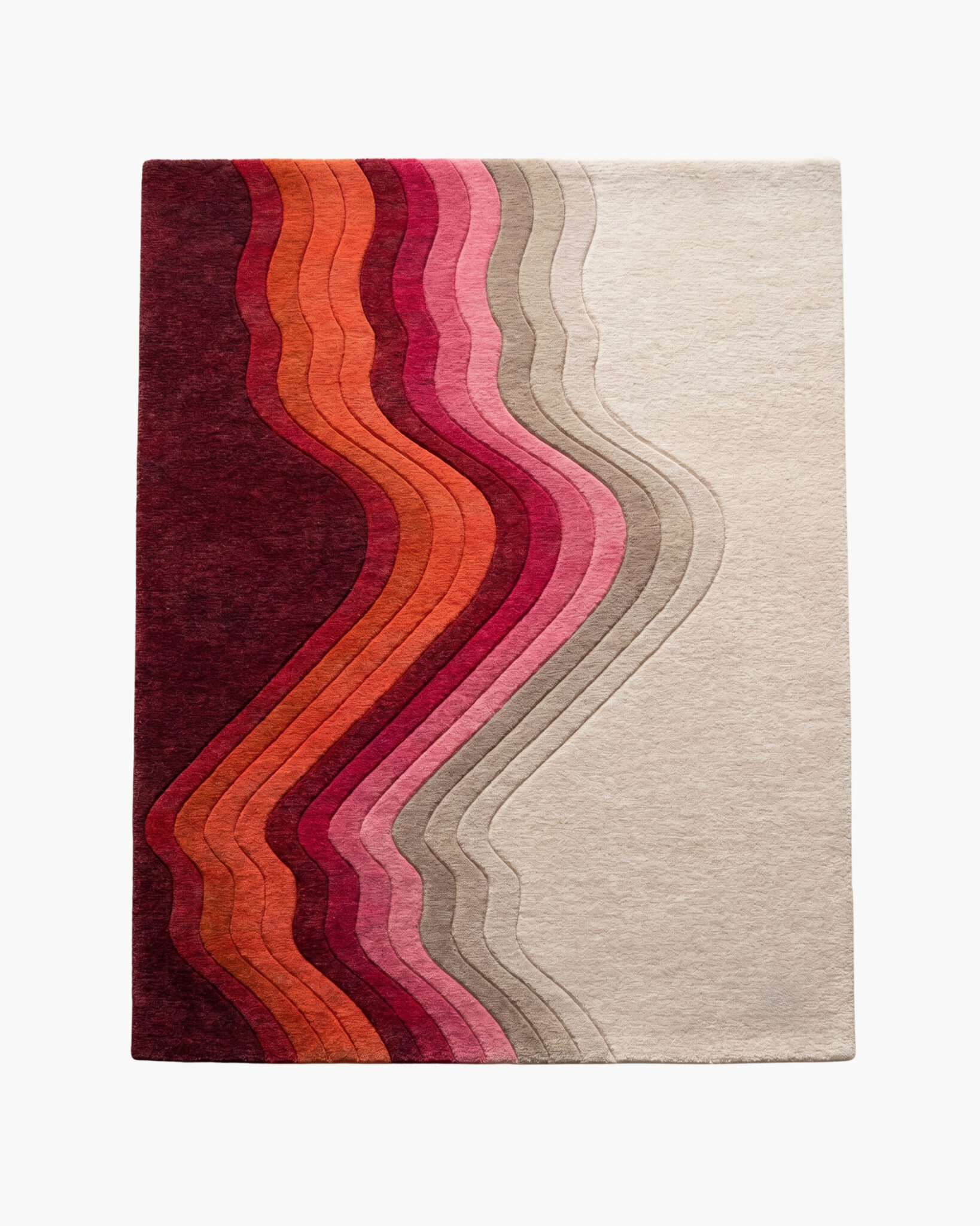 Sunset Ripple ombré wave wool rug with wavy bands fading from burgundy and orange through pink to cream