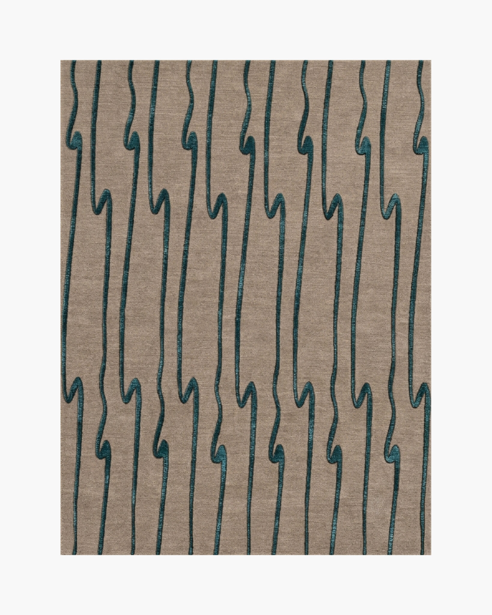 Voltage Lines teal line wool rug with vertical squiggle lines in lustrous teal on a warm taupe ground