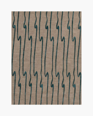 Voltage Lines teal line wool rug with vertical squiggle lines in lustrous teal on a warm taupe ground
