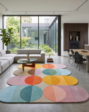 Solar Spectrum mid century circle wool rug with rows of two-tone discs in yellow, teal, red and lilac on an oatmeal grid