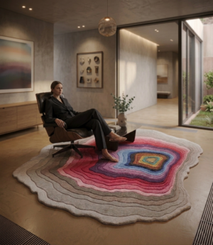 Angled view of Geode Bloom free-form wool rug showing its irregular organic shape and carved color rings