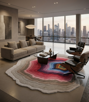 Close-up of Geode Bloom hand-tufted wool rug showing carved relief rings and dense pile texture