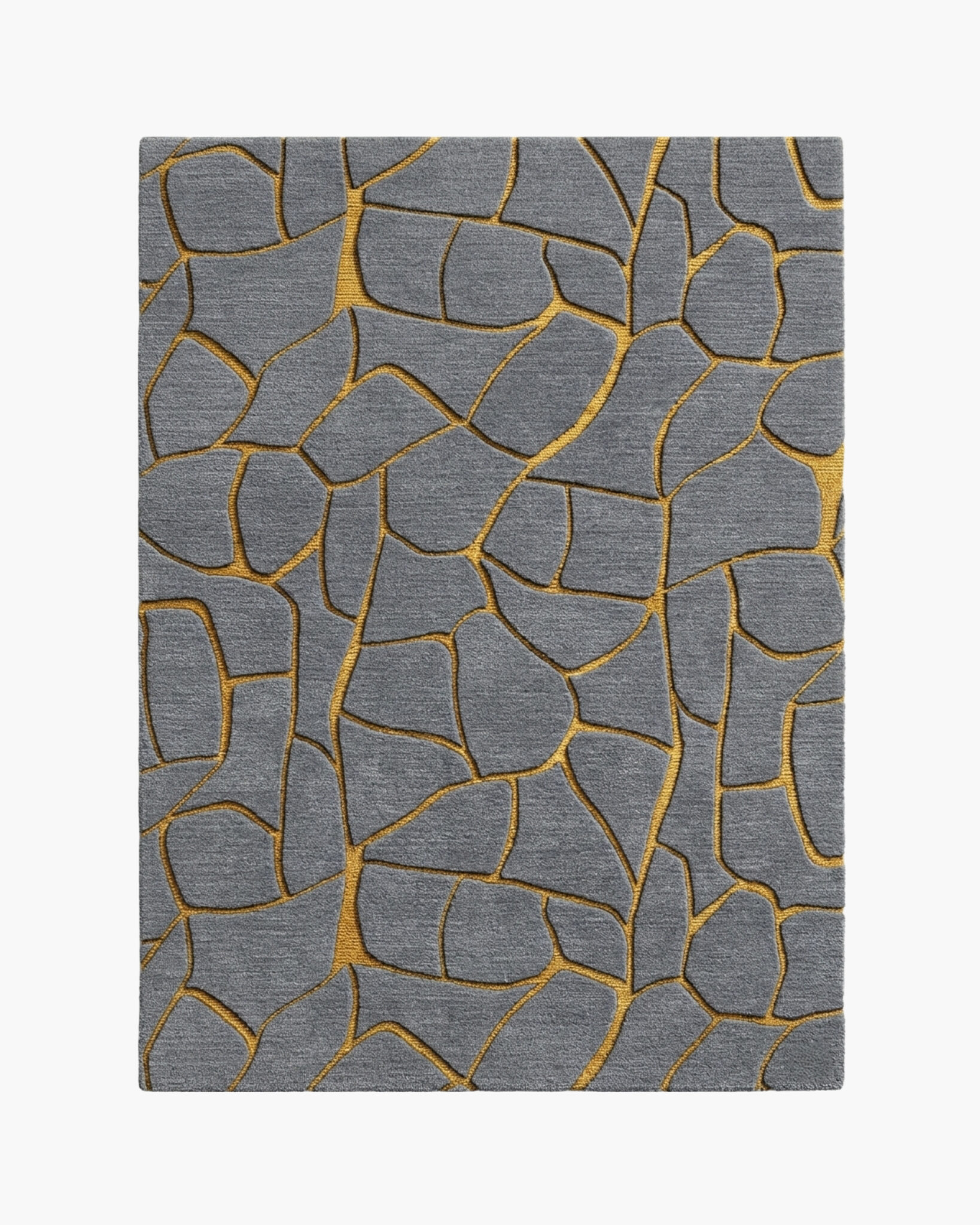 Gilded Fracture gold and grey wool rug with molten gold veins forming a stained-glass pattern on a slate-grey field