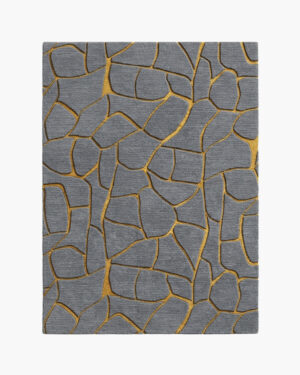 Gilded Fracture gold and grey wool rug with molten gold veins forming a stained-glass pattern on a slate-grey field