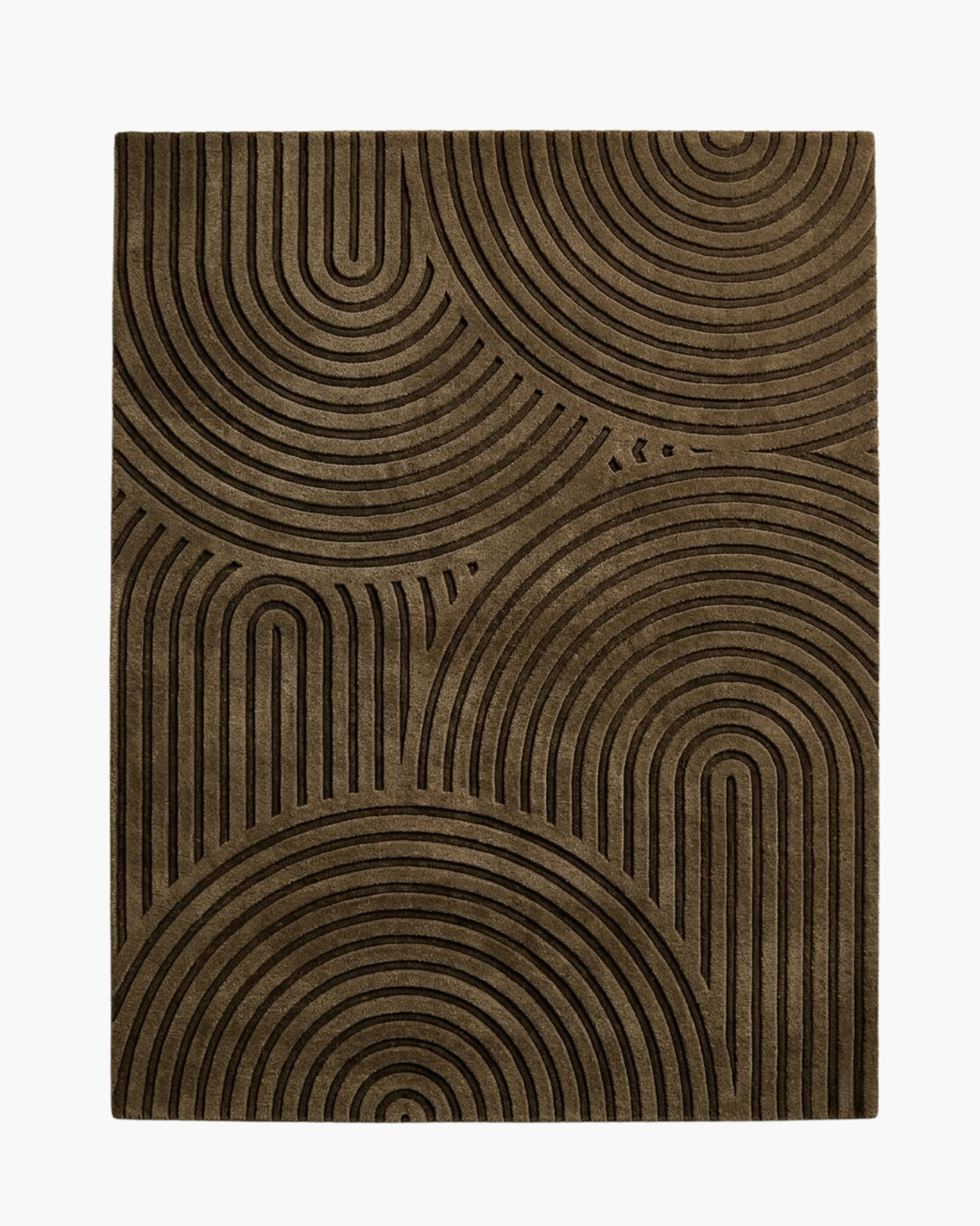 Zen Furrow brown carved wool rug with raked zen-garden arches sculpted in high-low relief