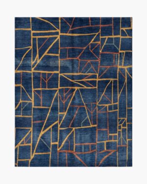 Hand knotted abstract rug in midnight blue with geometric ochre and rust line pattern