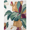 Magnolia Muse floral botanical wool rug with an oversized painted bloom in teal, plum and gold on an ivory ground