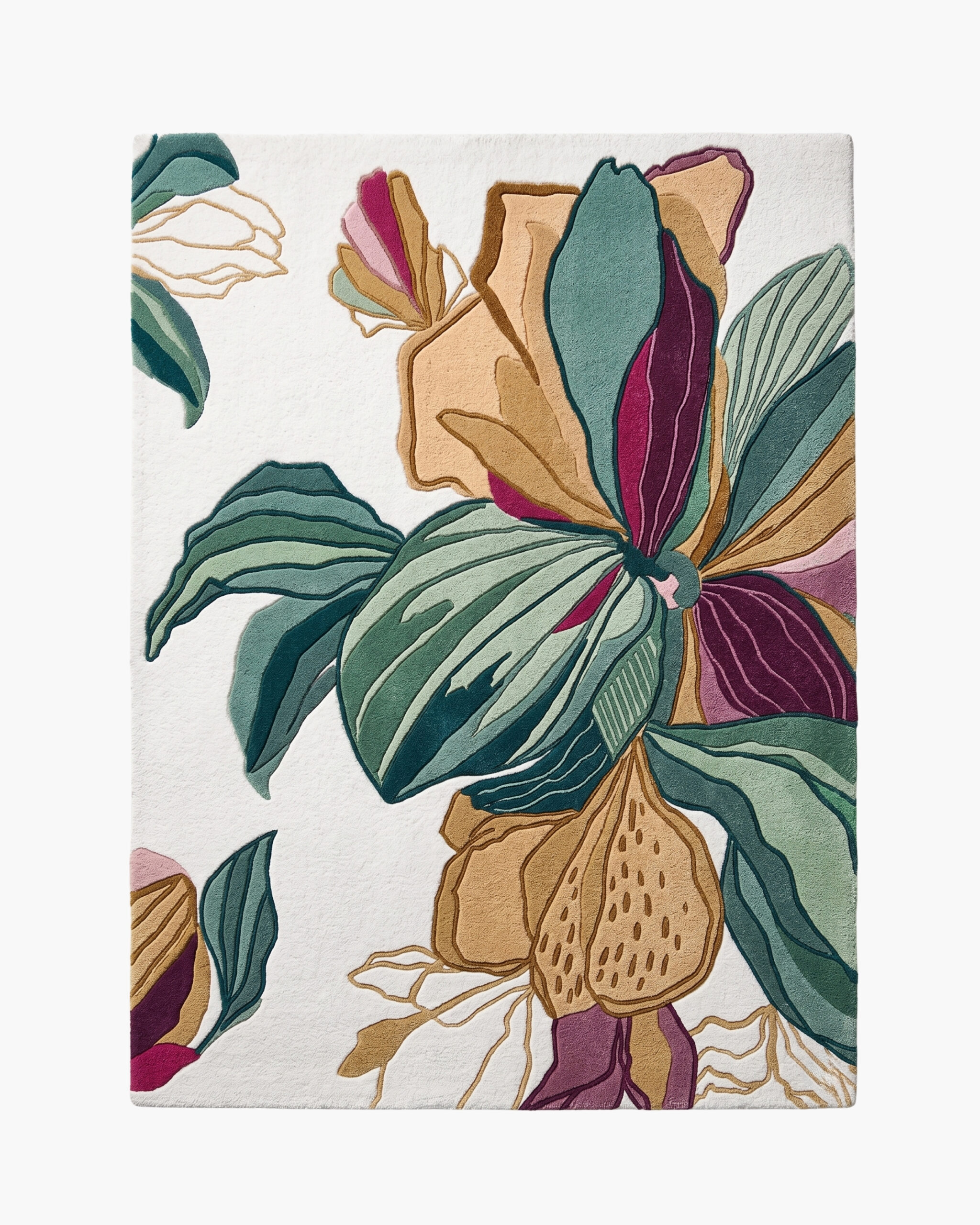 Magnolia Muse floral botanical wool rug Magnolia Muse floral botanical wool rug with an oversized painted bloom in teal, plum and gold on an ivory ground