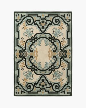 Traditional medallion rug in ivory with blue, black and gold ornamental scrollwork design
