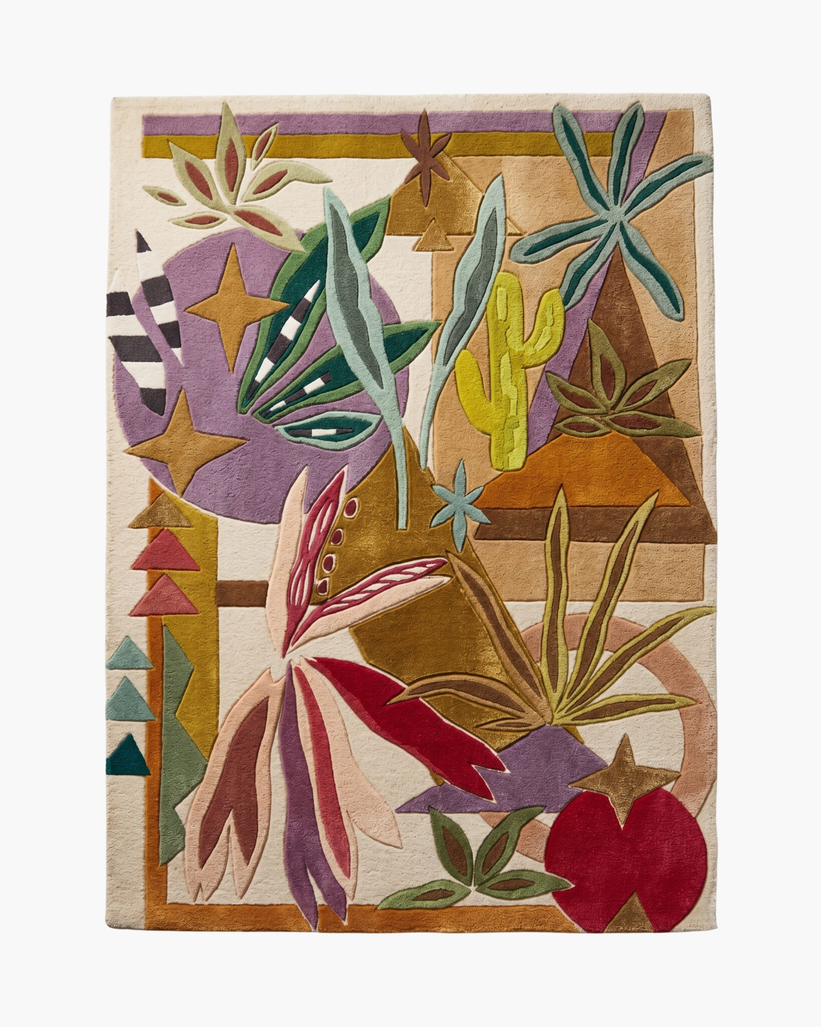 Desert Tableau colorful Southwestern wool rug with cacti, agave, stars and gold Art Deco motifs on an ivory ground