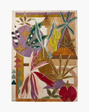 Desert Tableau colorful Southwestern wool rug with cacti, agave, stars and gold Art Deco motifs on an ivory ground