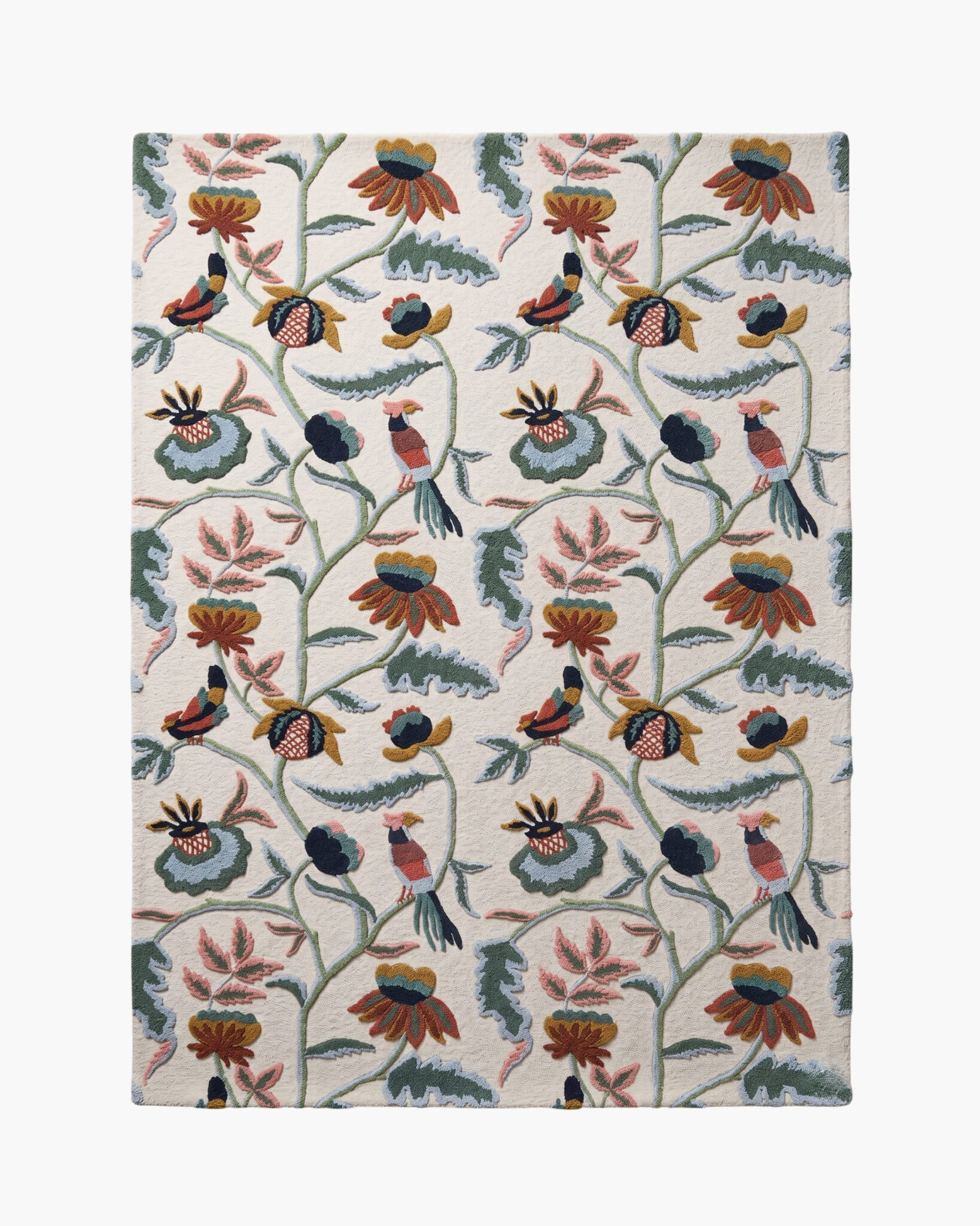 Aviary Bloom bird and floral wool rug with William Morris-style blooms and perched songbirds on a cream ground