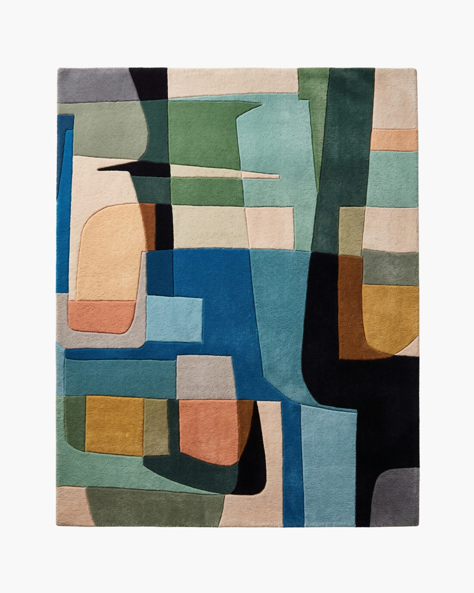 Cubist Reverie abstract color block wool rug with interlocking Cubist shapes in teal, blue, ochre and cream