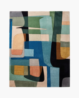 Cubist Reverie abstract color block wool rug with interlocking Cubist shapes in teal, blue, ochre and cream