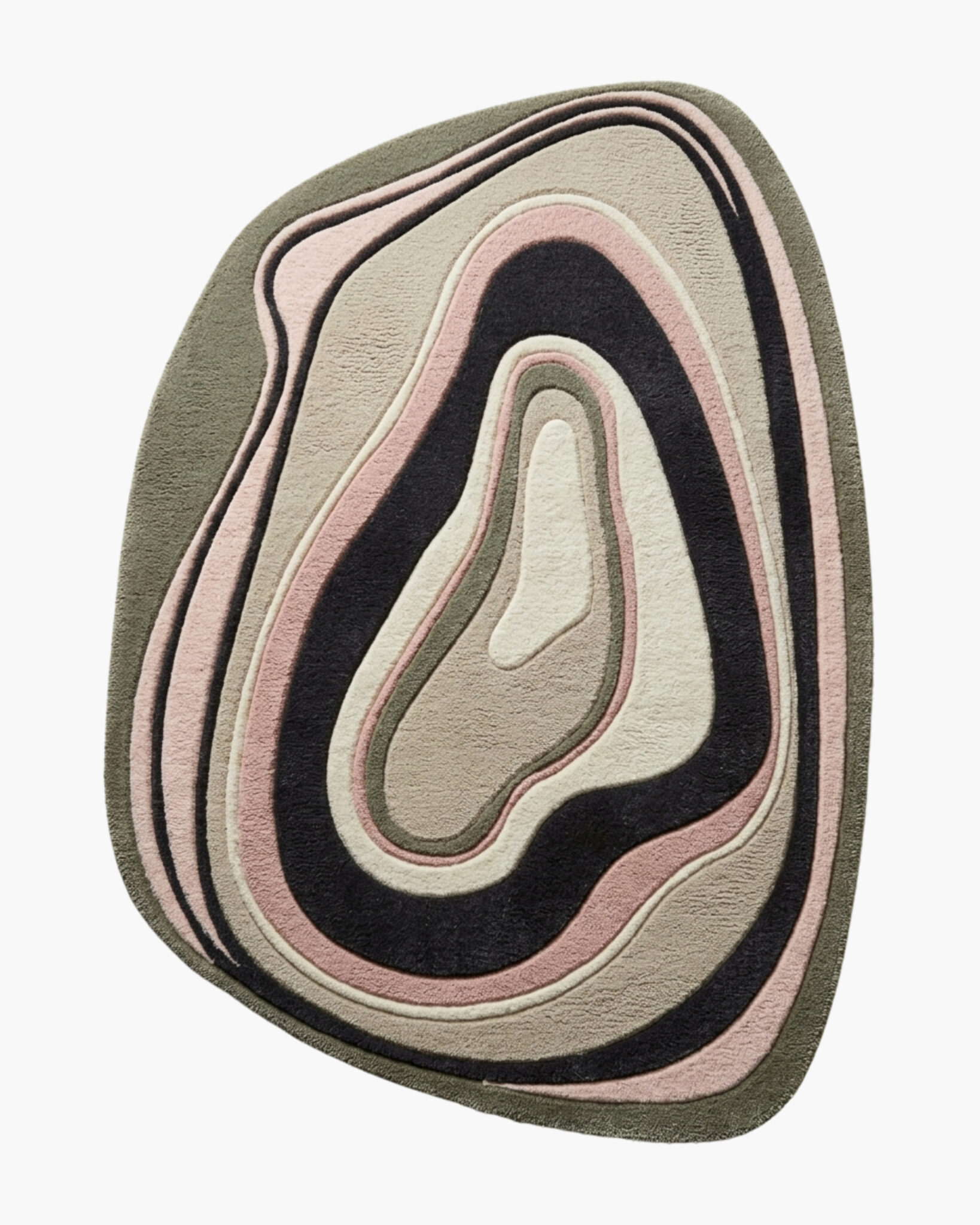 Sage Strata green and pink organic wool rug with carved topographic rings in sage, blush and charcoal