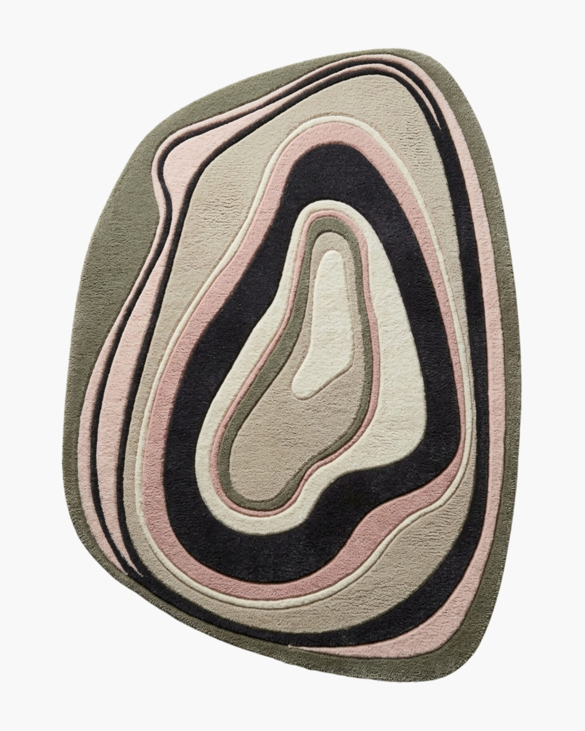 Sage Strata green and pink organic wool rug Sage Strata green and pink organic wool rug with carved topographic rings in sage, blush and charcoal