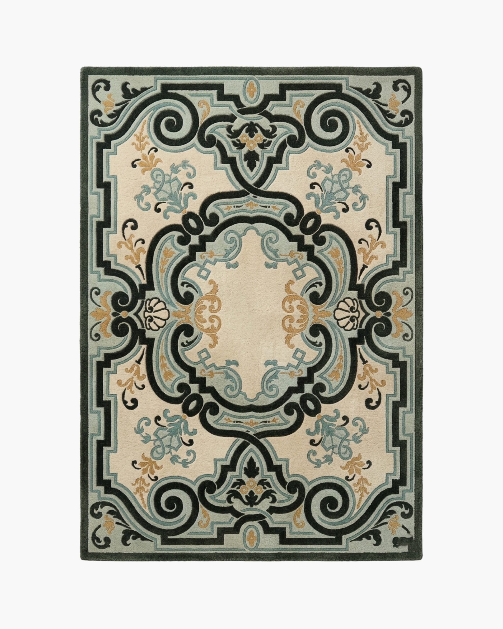 Traditional medallion rug Traditional medallion rug in ivory with blue, black and gold ornamental scrollwork design