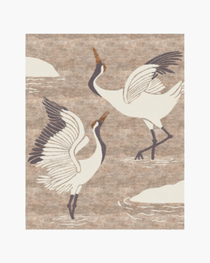 Swan Serenade rug featuring two ivory cranes with charcoal feather details on a warm taupe background.