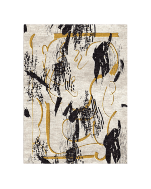 Ochre Ink Abstract Rug with expressive black brushstroke patterns and flowing ochre lines on an ivory background, crafted from 100% New Zealand wool by Hali Rug Company.