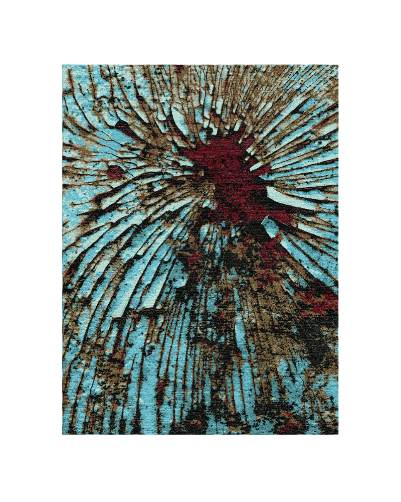 1 Discover the Azure Ember Abstract Rug by Hali Rug Company, a luxury hand-tufted New Zealand wool rug featuring vibrant blue, burgundy and charcoal tones.