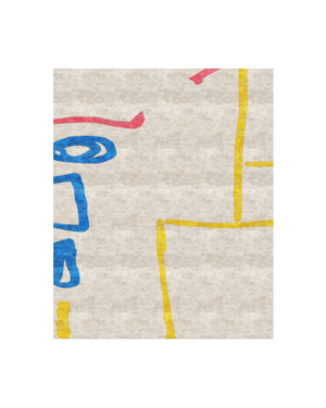 Minimalist abstract rug in ivory and beige with cobalt blue, golden yellow and coral line details