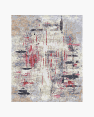 Abstract Horizon rug featuring ivory, misty blue, muted rose, charcoal, and beige painterly patterns.