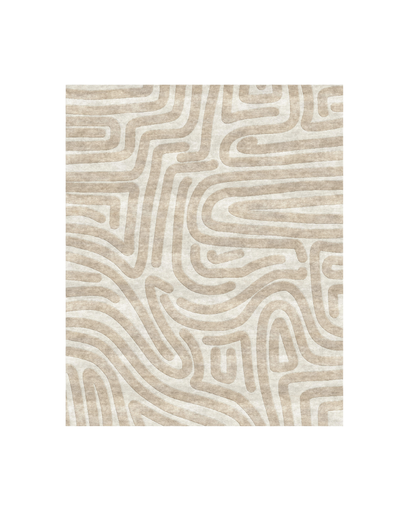 1 Ivory and beige abstract rug with flowing interconnected geometric lines and curved patterns