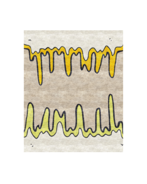 Modern abstract rug with golden yellow and chartreuse wavy forms outlined in charcoal on an ivory beige background