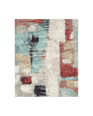 Multicolour abstract rug with irregular geometric blocks in dusty teal, terracotta, ivory, beige and charcoal