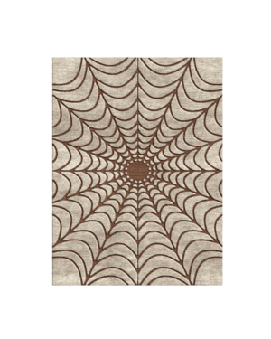 Contemporary ivory rug with a symmetrical radial pattern of curved chocolate-brown lines