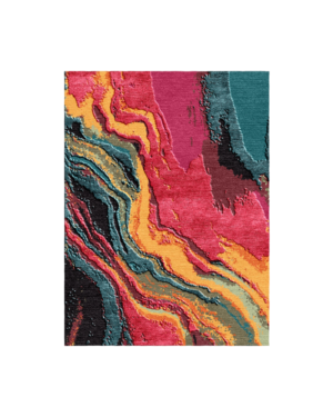 Colourful abstract rug with flowing raspberry pink, amber, deep teal, sage and charcoal forms