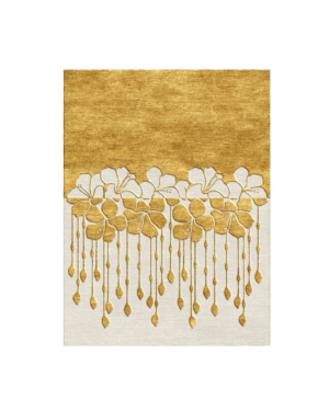 Gold and ivory rug with cascading floral motifs, elongated stems and teardrop details