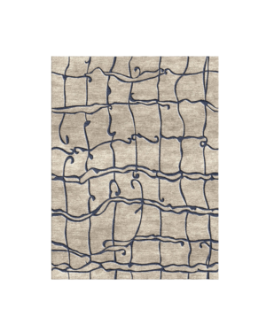 Greige rug with irregular interconnected geometric lines in deep navy blue