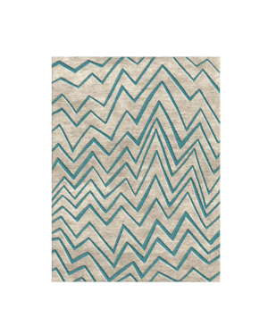 Greige rug featuring repeating angular zigzag lines in muted teal