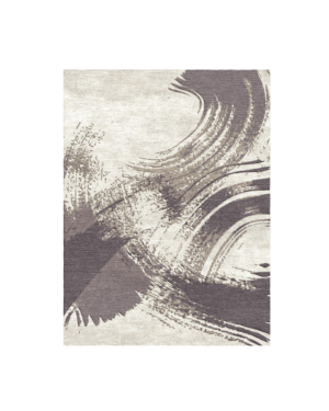 Ivory abstract rug with sweeping smoky mauve curves and textured taupe details