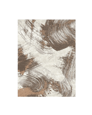 Ivory abstract rug with sweeping espresso brown, taupe and caramel brushstroke patterns