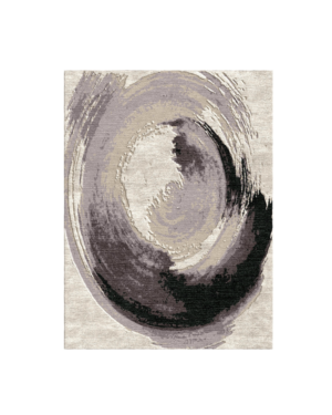 Ivory abstract rug with a sweeping lavender-grey oval and smoky charcoal accents