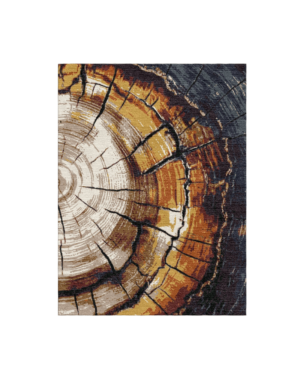 Abstract rug with concentric tree-ring patterns in amber, ivory, caramel and charcoal