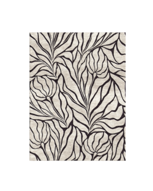 Ivory rug featuring flowing charcoal-black botanical leaves and organic outlines
