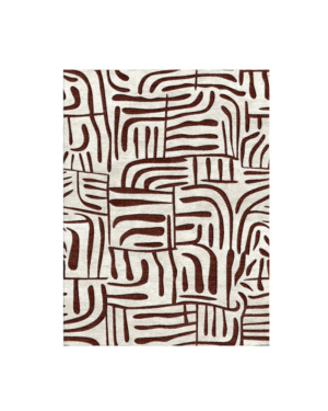 Brown and ivory rug with interlocking abstract lines and curved geometric motifs