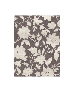 Ivory floral rug with oversized blossoms and leafy stems on a smoky taupe-brown background