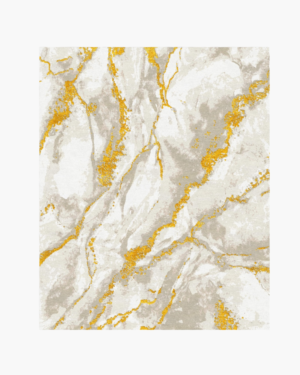 Ivory and gold abstract rug with flowing grey marble-inspired patterns and golden veins.